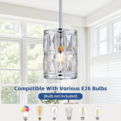 2-Pack Crystal Pendant Light, Modern Chrome Finish Hanging Lighting with Clear Crystal Chandelier, Adjustable Height Mini Island Light Fixture for Kitchen, Dining Room and Living Room