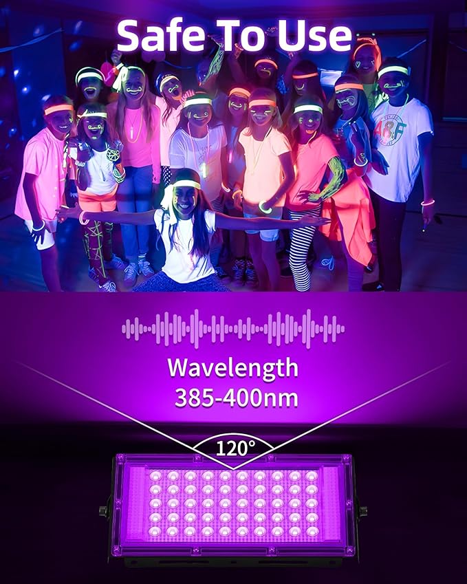 THECHAM 50W LED Black Lights IP66 Waterproof Black Light Outdoor with 5.9ft Plug+Switch, Flood Blacklight for Halloween Glow in The Dark Party Stage Light Neon Glow Birthday 4 Pack