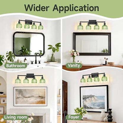 Vanity Lighting Fixtures,4 Light Bathroom Vanity Light,Black Bathroom Light Fixtures Over Mirror,27.2 in Vintage Sconce with Green Tulip Glass Shade for Bedroom,Dressing Table, E26 Base