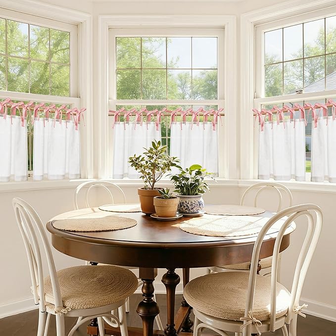 jinchan Linen Tie Top Curtains 24 Inch Length Farmhouse Cafe Curtains Set of 2 for Bedroom Bathroom Rustic Small Windows Light Filtering White Panels with Pink Ties
