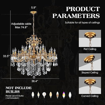 Antique Bronze Crystal Chandeliers, Luxury Gold Candle Pendant Ceiling Light Fixture, 15 Lights Golden Crystal Chandelier for Dining Room, Living Room, Bedroom, Kitchen Island, Hallway