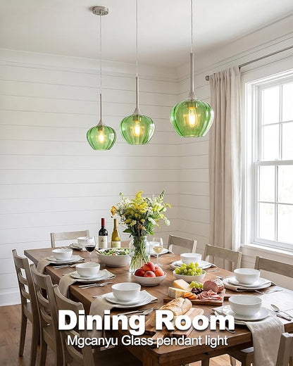 Green Pendant Lights Kitchen Island, 7" Vintage Glass Pendant Lighting with Brushed Nickel Adjustable Hanging Light Fixtures for Kitchen, Dining Room, Sink, Bathroom