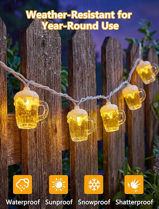Beer Mug Outdoor String Lights, Hawaiian Decor Lights, 8.5Ft LED Tropical Beach Camping String Lights Plug in with 10 3D Beer Cup Bulbs, Summer Decor for Tent Holiday Party Garden Cinco de Mayo