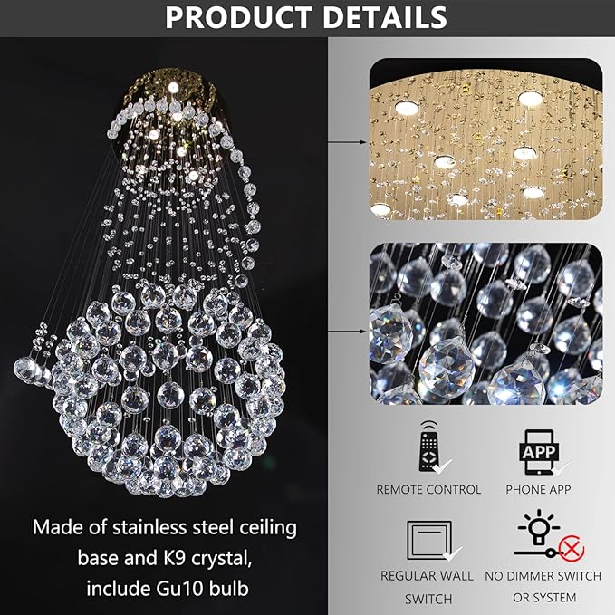 D24'' x H78'' Crystal Chandelier for Entryway High Ceiling Chandeliers Glam Chandelier Modern Large Raindrop Chandeliers LED Dimmable Light Fixtures for Staircaes Foyer Living Room Gold