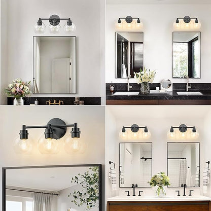 Black Bathroom Vanity Lights, 3-Light Wall Sconce with Glass Globe Shade, Vanity Lighting for Bathroom/Bedroom/Dressing Room, Vertical/Horizontal Mounted, E26 Bulb Base (Bulb Not Included)