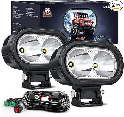 Nilight 2 PCS 4 Inch Motorcycle LED Pods 2100LM Built-in EMC Driving Light Super Spotlight Offroad Fog Lights w/ 16AWG DT Wiring Kit for Motorbike SUV ATV Truck Boat Tractor Forklift