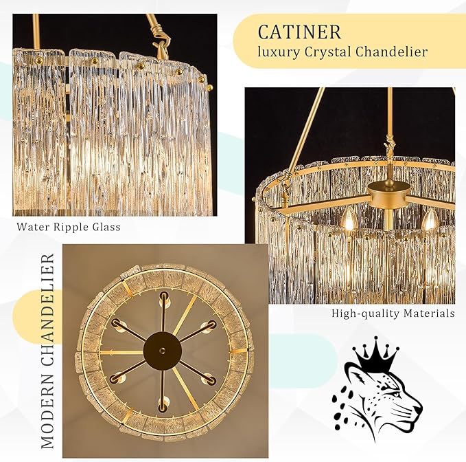 CATINER 20" Crystal Glass Chandelier Modern 6-Light Gold Drum Chandeliers Luxury Ceiling Pendant Lighting for Entryway Foyer Dining Room Bedroom Kitchen