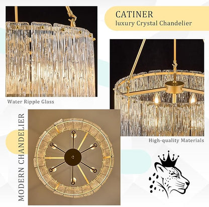 CATINER 20" Crystal Glass Chandelier Modern 6-Light Gold Drum Chandeliers Luxury Ceiling Pendant Lighting for Entryway Foyer Dining Room Bedroom Kitchen