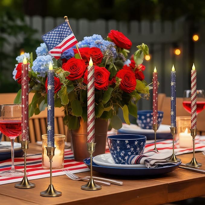 Honoson 6 Pcs 4th of July Taper Candles 10.6 Inch Patriotic Flameless Candles Battery Operated Red White and Blue LED Candlesticks for Independence Day Dinner Table Home Party Decoration