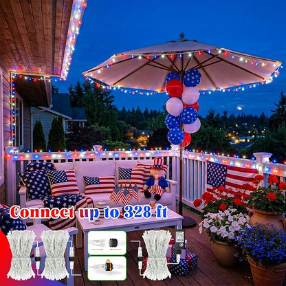 Red White and Blue String Lights, 66FT 200 LED 4th of July Lights Outdoor Waterproof with 8 Modes, Twinkle Fairy Light for Indoor Independence Memorial Day House Holiday Decorations