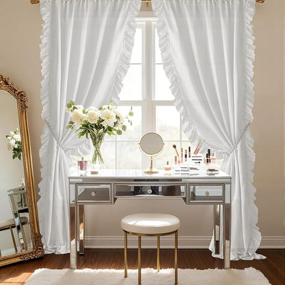 StangH Victorian Romantic White Curtains with Ruffle, Privacy Protect Light Filtering Drapes, Faux Silk Ideal for Countryside Bedroom/Girls Room/Party Backdrops, W50 x L95, 2 Panels