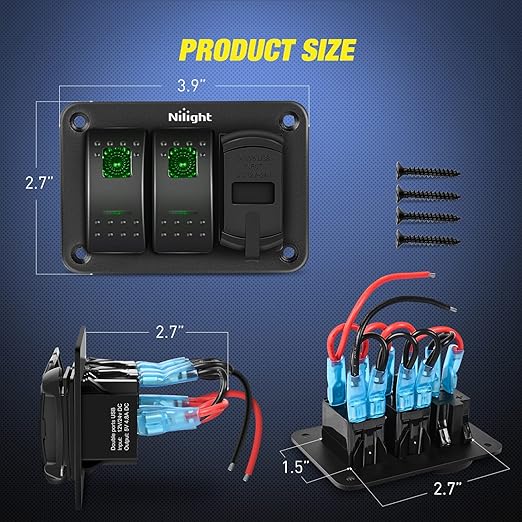 Nilight 2 Gang Rocker Switch Panel Green Backlit with 4.8 Amp Dual USB Charger Voltmeter Waterproof 12V 24V DC Night Glow Stickers for Car Trucks Boats RVs