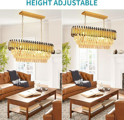 Depuley 31" Crystal Rectangle Chandelier: 3-Tier Gold Glass Crystal Chandelier Island Light Fixtures for Dining Room - 8-Light Linear Pendant Light for Kitchen Island Included Bulbs