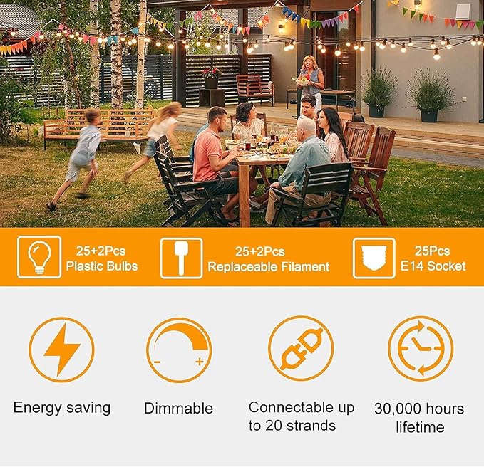 ZOTOYI Outdoor String Lights 50 FT, Waterproof IP65 Outside Light with 27 LED Plastic ST38 Edison Bulbs, Patio Hanging Lights for Backyard, Garden, Gazebo, Cafe Dimmable 2700K