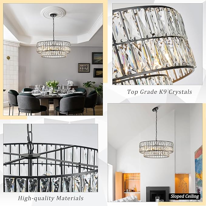 CATINER 24'' Black Crystal Chandeliers Luxury 8-Lights Pendant Chandelier Drum Semi Flush Mount Ceiling Lights for Living Room Dining Room Foyer Bedroom Kitchen