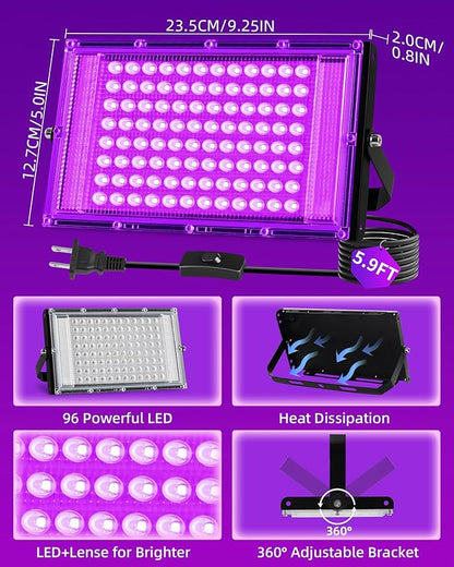 THECHAM 100W LED Black Lights IP66 Waterproof Black Light Outdoor with 5.9ft Plug+Switch,Flood Blacklight for Halloween Glow in The Dark Party Stage Light Neon Glow Birthday 2 Pack