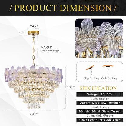 13-Light Modern Flower Elegant Chandeliers Purple 24" Luxury Chandelier Lighting Ceiling Pendant Light Fixture for Living Room Dining Room Kitchen Foyer