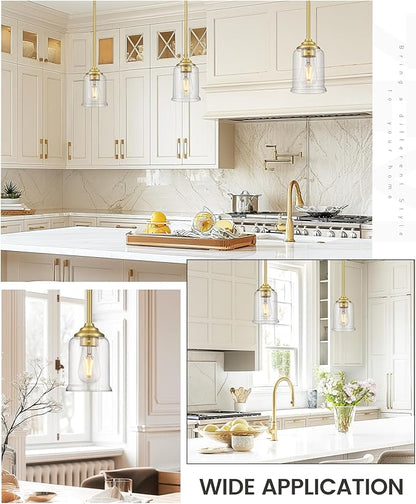 zeyu Gold Pendant Light Fixtures 2 Pack, Vintage 1-Light Hanging Lamp, Kitchen Pendant Lighting Over Island with Clear Glass Shade, Brushed Gold Finish, ZSL104MIL-2 BG