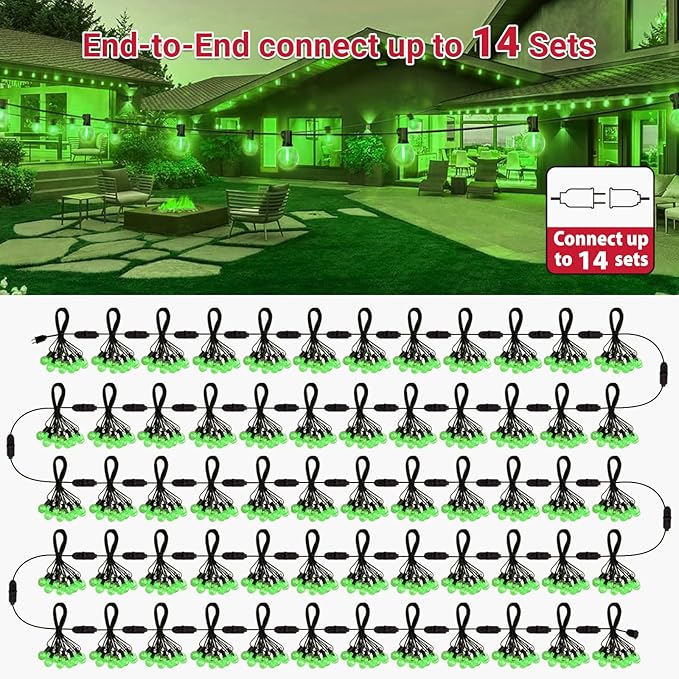 LAMPHOME Green LED Outdoor String Lights, 26FT Patio Lights with 12+1 Shatterproof Edison Bulbs, UL Waterproof Connectable Dimmable Hanging Lights for Backyard Porch Garden Deck Balcony Decor