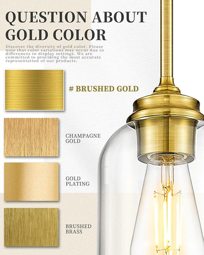 LIROUVET 2 Pack Pendant Lights, Vintage Hanging Lights, Brushed Gold Pendant Lights Kitchen Island with Clear Glass, Pendant Lighting for Dining Room PL02 CLBG-2PK