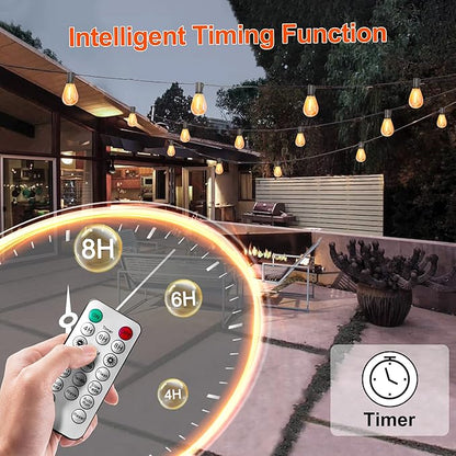 BLIATLUS 50FT Solar String Lights Outdoor Waterproof with Remote Control Solar Patio Lights 15+2 shatterproof LED Bulbs for Porch Garden Market Bistro Patio Backyard Fence