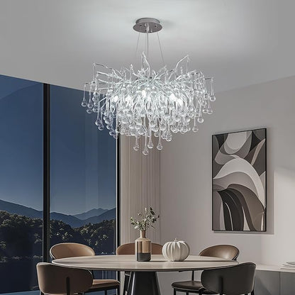 Modern Crystal Raindrop Chandelier, Silver Round Art Deco Tree Branch Lighting Fixture for Dining Room Living Room Foyer 13 Lights D31.5''