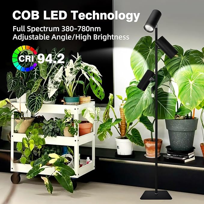 90W Full Spectrum Grow Light, Dimmable COB LED Triple-Head Floor Plant Lamp with High PPFD&CRI, 6/8/12H Timer, Adjustable Height (43"-83") & Angle – Standing Grow Lights for Indoor Plants