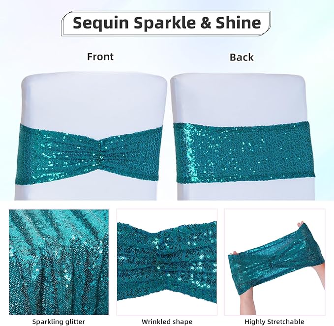 Poise3EHome Teal Sequin Chair Sashes 100 Pack,Folding Chair Cover Bands for Wedding Party Ceremony Banquet Decorations