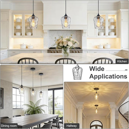 3 Pack Mini 5.1" Glass Pendant Lights Kitchen Island Lighting, Small Black Hammered Glass Pendant Light Fixtures, Black Hammered Glass Island Lights for Kitchen for Dining Room Sink