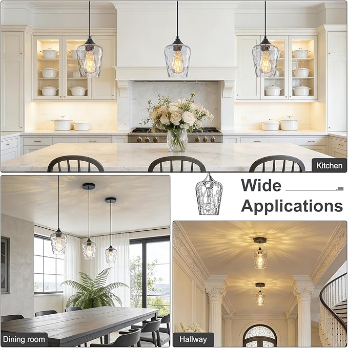 2 Pack 5.1" Mini Black Blown Glass Pendant Lights Kitchen Island Lighting, Small Black Hammered Glass Pendant Light Fixtures, Kitchen Pendant Lights with Hammered Glass Shades for Dining Room Sink