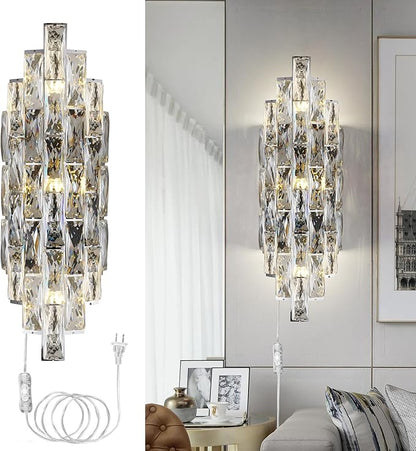 Modern Plug in Wall Sconce Crystal Wall Sconces Indoor Wall Lamp for Bedroom Chrome Light Fixture with Plug in Switch Vanity Wall Mount Lamps for Living Room Bedroom Bathroom Bedside Hallway