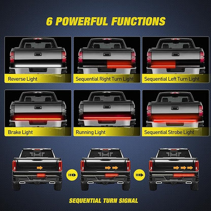 Nilight Truck Tailgate Light Strip 60" Aluminum FrameTriple Row Light Bar 1200 LED w/ Red Running Brake White Reverse Light Red Sequential Turn Signal