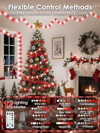 2026 New Connectable 43FT Smart Voice Controlled String Lights Indoor Outdoor | 100LED Red and White Globe Fairy Lights with Remote, 12 Modes Waterproof Hanging Light for Bedroom Classroom Decor
