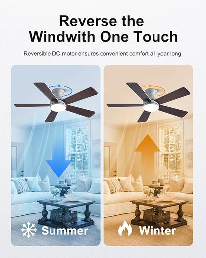42 Inch Ceiling Fans with Lights, Smart Ceiling Fan with Alexa Google App, Silver Ceiling Fan with RGB Lights Remote, 6 Speeds Reversible DC Motor, Modern Flush Mount for Bedroom Living Room