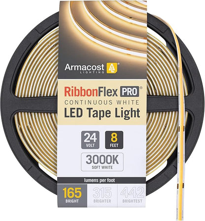 Armacost Lighting RibbonFlex Pro 24V White COB LED Strip Light Tape 3000K, 165 Lumens/Ft, 2.5M 171210
