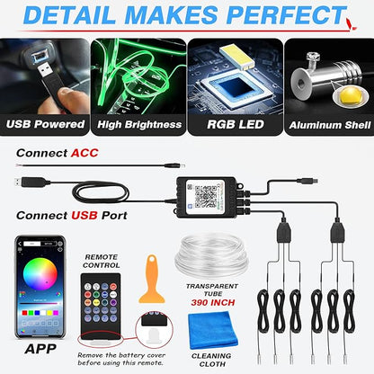 MICTUNING Car LED Interior Strip Light, 6 in 1 RGB Multicolor with 390 inches Fiber Optic Ambient Lighting Kits with Remote and APP Control, Car USB LED Strip Lights with Music Sync Mode