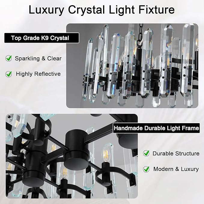 54" Black Rectangular Chandelier, 24-Light Modern Crystal Chandelier for Dining Room, Kitchen Island, Living Room, Luxury K9 Crystal Adjustable Chain Chandelier Light Fixture