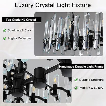 54" Black Rectangular Chandelier, 24-Light Modern Crystal Chandelier for Dining Room, Kitchen Island, Living Room, Luxury K9 Crystal Adjustable Chain Chandelier Light Fixture
