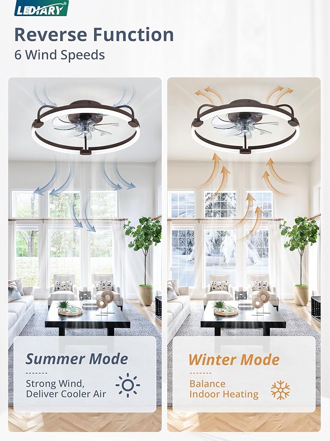 LEDIARY Ceiling Fans with Lights and Remote, 20'' Low Profile Ceiling Fan with Light, 3000-6000K Dimmable Fandelier LED Fan Light, 6 Wind Speeds, Brown Modern Flush Mount Ceiling Fan for Bedroom