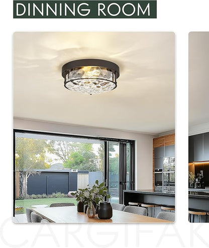 12-Inch Flush Mount Ceiling Light, Modern Farmhouse Style with Hammered Glass Shade, Oil Rubbed Bronze Finish, Ideal for Living Room, Bedroom, or Dining Room – Model CKCL4822-2W-HGORB