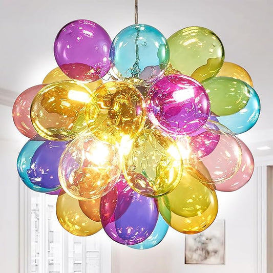 Longree Mini Bubble Ball Chandelier, Dia 20 inch Blown Multicolor Glass Pendant Light Fixture for Bedroom Study Bathroom Dining Room