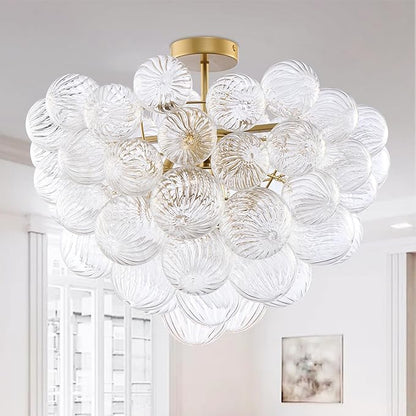 Longree Nordic Bubble Ball Swirled Glass Ceiling Lights Fixture, Dia 24 inch Gild Brass and Clear Blown Glass Small Chandelier for Bedroom Study Bathroom