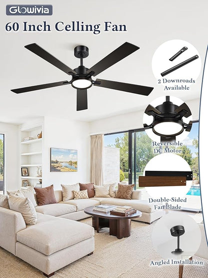 60 Inch Ceiling Fan with Lights and Remote, Smart APP Control, Dimmable with All-Setting Memory, Quiet DC Motor Reversible Blades, Damp Rated Modern Ceiling Fan for Bedroom Patio Living Room