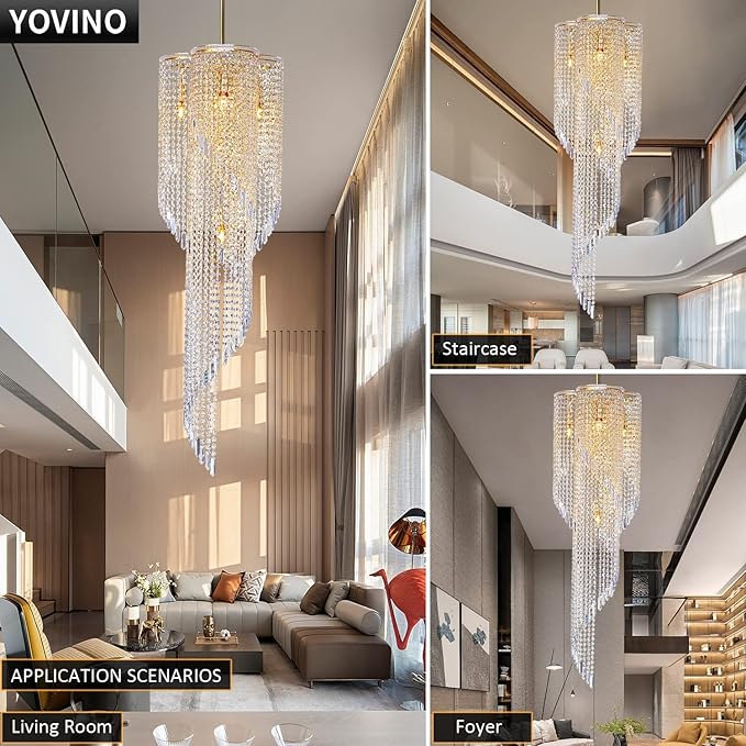 High Ceiling Chandeliers for Entryway Gold Spiral Crystal Chandelier Large Foyer Chandelier 6 Lights Modern Raindrop Chandelier for Villa Staircase, K9 Pendant Light Fixtures D17.7'' x H49.2''