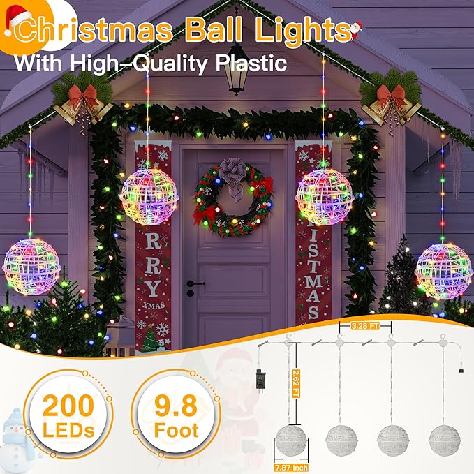 Ollny Christmas Lights Outdoor 4Pack 7.87inch, Multicolor 200 LED Ball Light with Plug in Remote, 8 Modes IP67 Waterproof Connectable Sphere Tree Lights for Indoor House Yard Garage Decorations