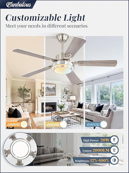 Fanbulous 48 Inch Ceiling Fans with Lights and Remote, Brushed Nickel Ceiling Fan with 8 Dual-Color Blades, Indoor/Outdoor Large Ceiling Fans, Reversible DC Motor, 6-Speed, 3CCT for Living Porch Patio