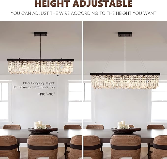 Modern Crystal Chandelier for Dining Room, 8-Light Black Rectangle Pendant Ceiling Light Fixture for Kitchen Island Bar, L40 x W10 x H10