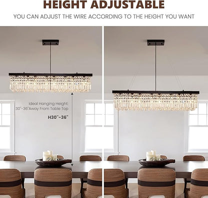 Modern Crystal Chandelier for Dining Room, 8-Light Black Rectangle Pendant Ceiling Light Fixture for Kitchen Island Bar, L40 x W10 x H10