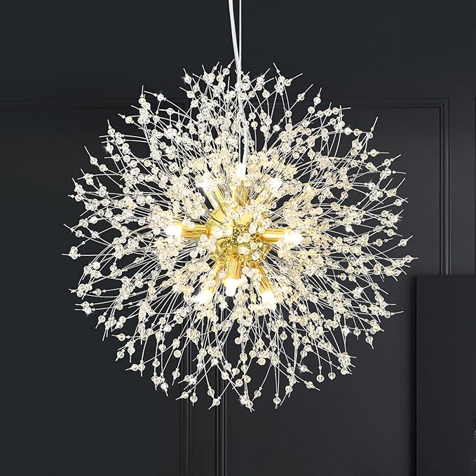Modern Firework Gold Crystal Chandeliers,Sputnik Dandelion Chandelier Light Fixture Pendant Lighting for Dining Room,Living Room,Bedroom,Kitchen,Restaurant- 9 Lights