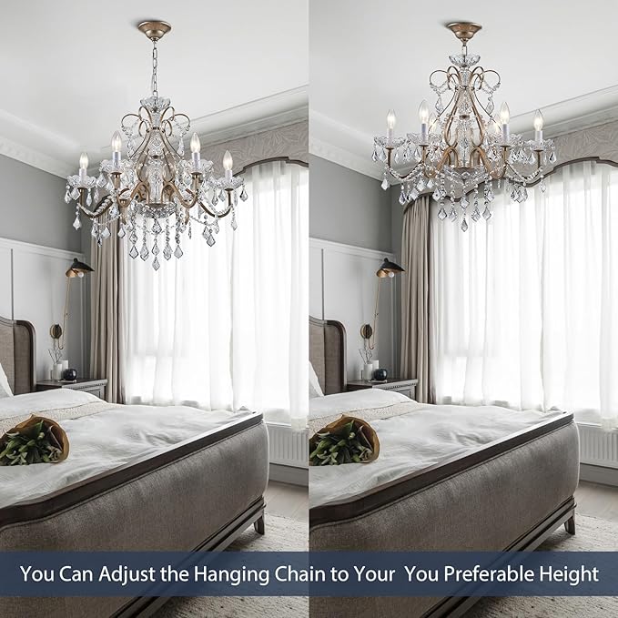 Bestier Antique Silver Vintage Candle Chandelier Crystal Lighting Fixture Lamp for Dining Room Bathroom Foyer Livingroom 6 E12 Bulbs Required D24 in x H26 in